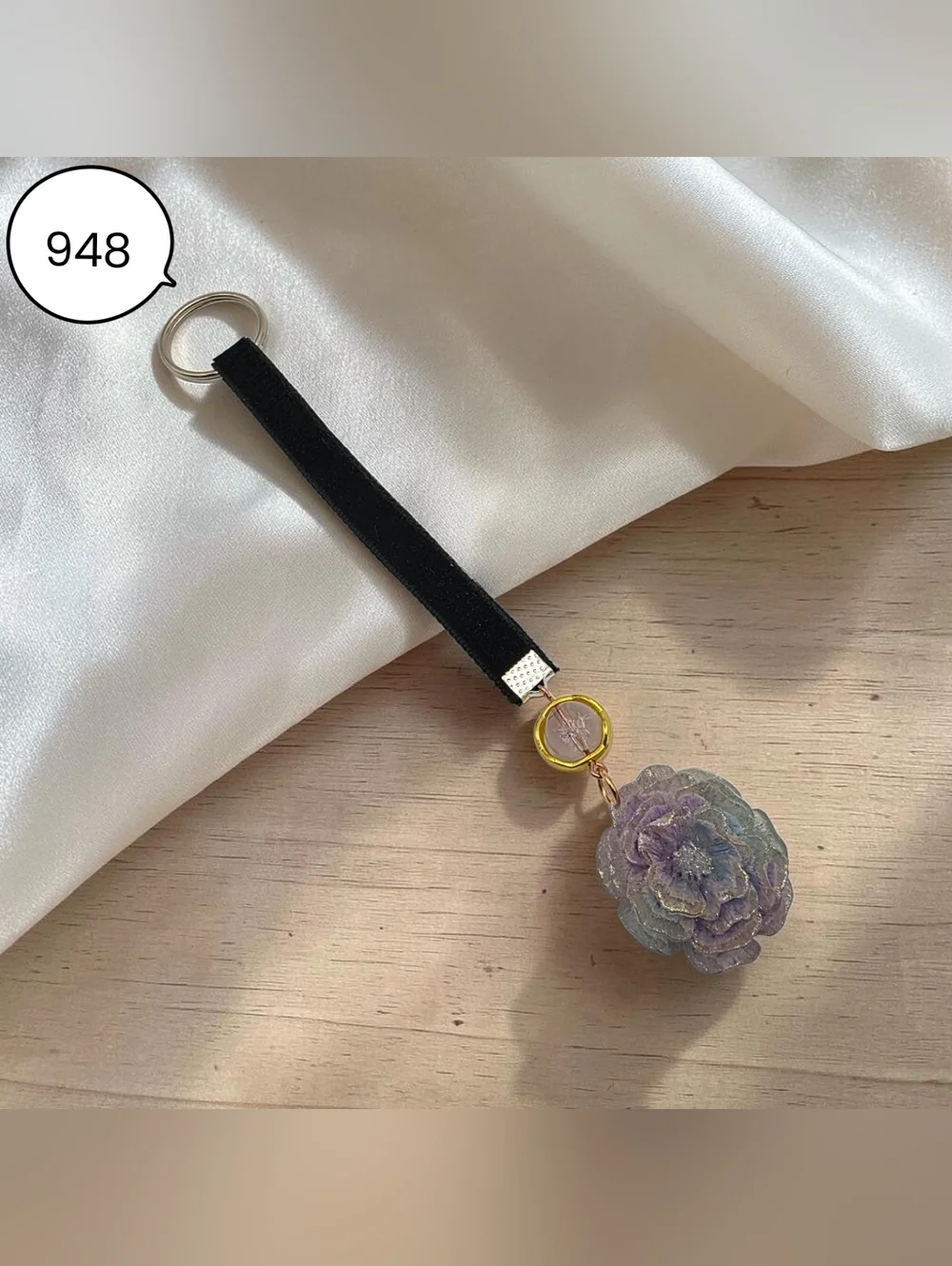 Iridescent Purple Flower Key & Card Holder with Black Velvet Strap - Picture 2 of 5